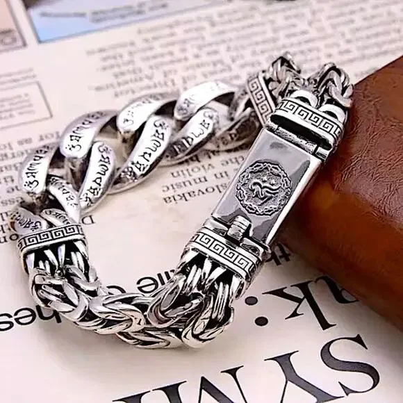 Stainless Steel Chain Link Bracelet, Mantra, Curb Hand Woven Engraved Byzantine